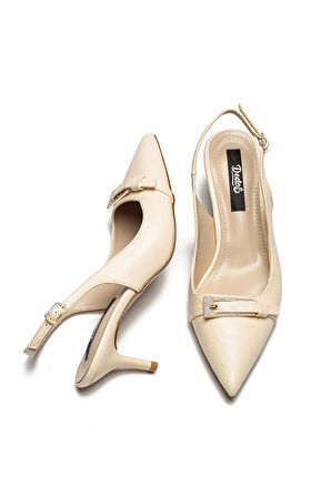 Kadın Topuklu Sivri Burunlu Taşlı Tokalı Ayakkabı EKRU  3115