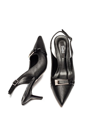 Kadın Topuklu Sivri Burunlu Taşlı Tokalı Ayakkabı SİYAH 3115