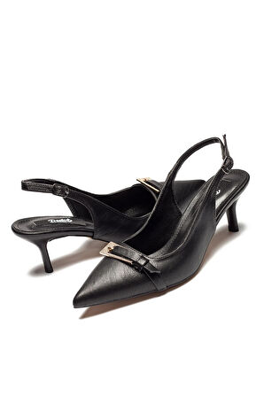 Kadın Topuklu Sivri Burunlu Taşlı Tokalı Ayakkabı SİYAH 3115