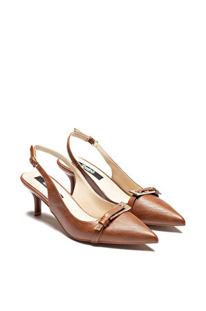 Kadın Topuklu Sivri Burunlu Taşlı Tokalı Ayakkabı TABA  3115