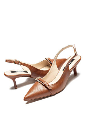 Kadın Topuklu Sivri Burunlu Taşlı Tokalı Ayakkabı TABA  3115