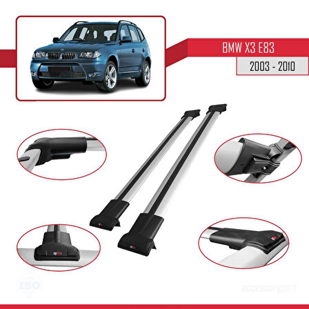 BMW X3 (E83) 2003-2010 Arası ile Uyumlu FLY Model Ara Atkı Tavan Barı Gri 2 Adet