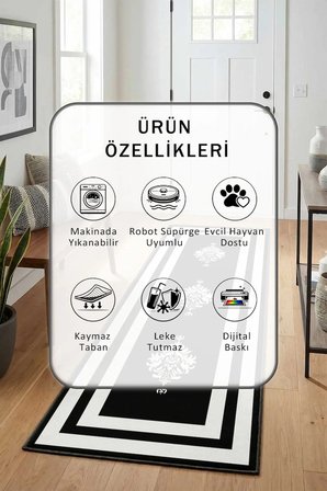 Çerçeve Htc Yıkanabilir Kaymaz Taban Dijital Baskılı Yolluk Halı Siyah