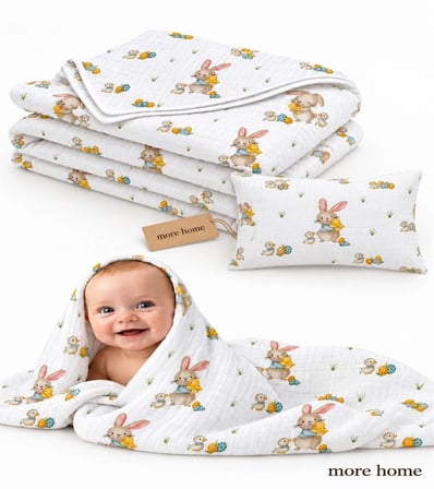 More Home Bebek 90x90 Müslin örtü +35x45 Yastık Kılıfı Ördekli  & Tavşanlı 