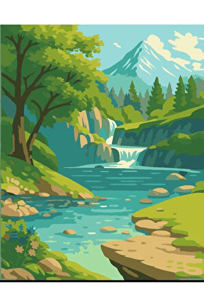 Sayılarla Boyama Seti 40x50 Cm (Çıtalı) Fırça Boya Dahil Numaralı Tuval Nehir Manzara