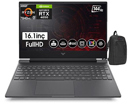 HP Victus Ryzen 7 7840HS 16GB DDR5 Ram 2tb SSD 6GB RTX4050 16,1 İnç 144Hz IPS FHD Windows11Home Taşınabilir Bilgisayar Z7Z587EA12+ZettaÇanta