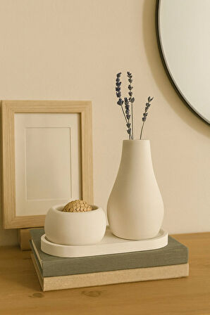 3 Parça El Yapımı Masaüstü Organizer Set – Minimalist Kalemlik, Mumluk ve Tepsi – Modern Masa Dekoru