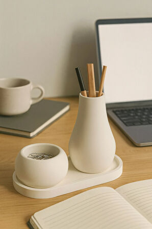 3 Parça El Yapımı Masaüstü Organizer Set – Minimalist Kalemlik, Mumluk ve Tepsi – Modern Masa Dekoru