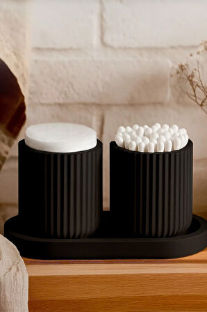 Banyo ve Makyaj Organizer Seti – 4 Parçalı Çizgili Kapaklı Kutu & Tepsili Düzenleyici