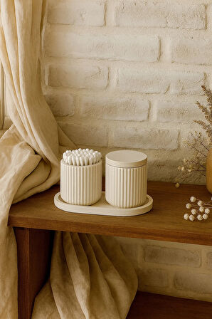 Banyo ve Makyaj Organizer Seti – 4 Parçalı Çizgili Kapaklı Kutu & Tepsili Düzenleyici