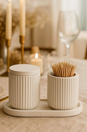 Banyo ve Makyaj Organizer Seti – 4 Parçalı Çizgili Kapaklı Kutu & Tepsili Düzenleyici