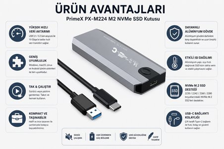 PrimeX PX-M224 M2 NVMe SSD Kutusu, TypeC-USB3.1/3.2 NVMe SSD Kutusu, Harici USB-C PCIe NVMe M.2 SSD Hdd Kutusu, Alüminyum Harici SSD Kutu