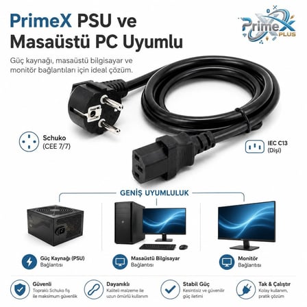 PrimeX PX-P450 5 Metre Lüx Power Kablosu, 3x1.5mm Kalın PSU Mining Power Kablo 5 Metre