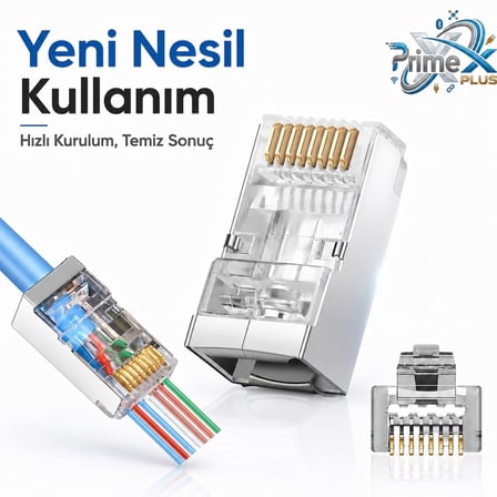 PrimeX PX-660M6 Cat6 Metal RJ45 Jack UTP Konnektör 100'lü Paket, Yeni Nesil Ağ Kablosu Ucu Ethernet
