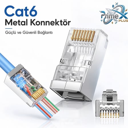 PrimeX PX-660M6 Cat6 Metal RJ45 Jack UTP Konnektör 100'lü Paket, Yeni Nesil Ağ Kablosu Ucu Ethernet