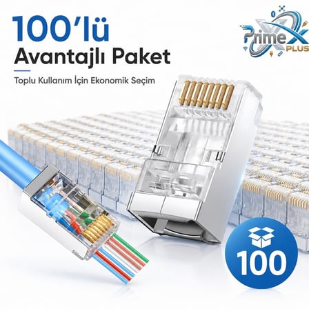 PrimeX PX-660M6 Cat6 Metal RJ45 Jack UTP Konnektör 100'lü Paket, Yeni Nesil Ağ Kablosu Ucu Ethernet