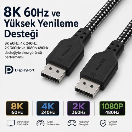 Philips SWR3139B 2 Metre Örgülü DisplayPort 1.4 Kablo, DSC, 8K 60Hz, 4K 240Hz, 2K 360Hz, 1080p 480Hz, HDR, 32.4 Gbps DP Kablo