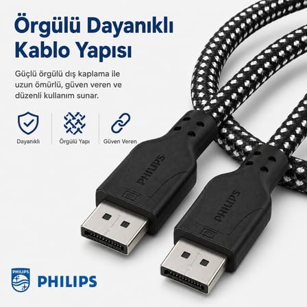 Philips SWR3139B 2 Metre Örgülü DisplayPort 1.4 Kablo, DSC, 8K 60Hz, 4K 240Hz, 2K 360Hz, 1080p 480Hz, HDR, 32.4 Gbps DP Kablo