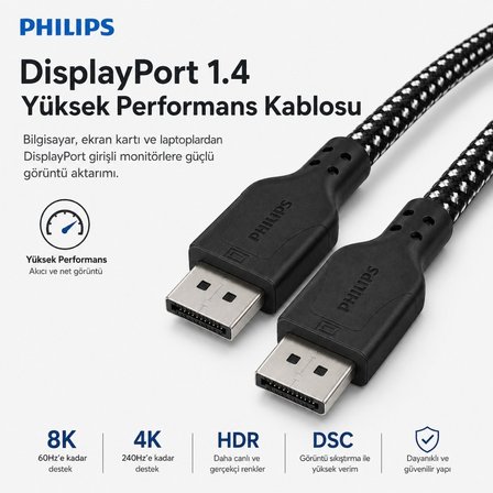 Philips SWR3139B 3 Metre Örgülü DisplayPort 1.4 Kablo, DSC, 8K 60Hz, 4K 240Hz, 2K 360Hz, 1080p 480Hz, HDR, 32.4 Gbps DP Kablo