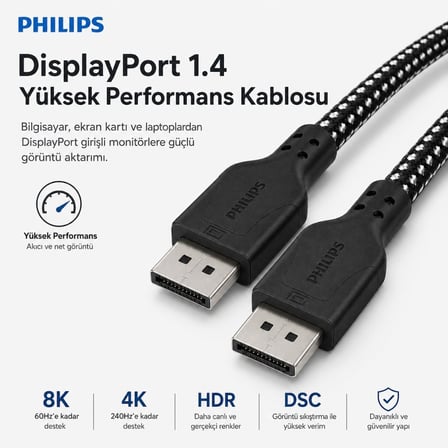 Philips SWR3139B 1.5 Metre Örgülü DisplayPort 1.4 Kablo, DSC, 8K 60Hz, 4K 240Hz, 2K 360Hz, 1080p 480Hz, HDR, 32.4 Gbps DP Kablo
