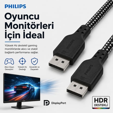 Philips SWR3139B 1.5 Metre Örgülü DisplayPort 1.4 Kablo, DSC, 8K 60Hz, 4K 240Hz, 2K 360Hz, 1080p 480Hz, HDR, 32.4 Gbps DP Kablo