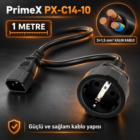 PrimeX PX-C14-10 SCHUKO, 1 Metre 3x1.5mm UPS/PSU SCHUKO Çevirici Kablo, UPS Priz Çevirici 3x1.5mm Kalın Kablo, Kısa SCHUKO Kablo (Full Bakır)