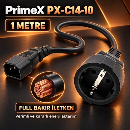 PrimeX PX-C14-10 SCHUKO, 1 Metre 3x1.5mm UPS/PSU SCHUKO Çevirici Kablo, UPS Priz Çevirici 3x1.5mm Kalın Kablo, Kısa SCHUKO Kablo (Full Bakır)