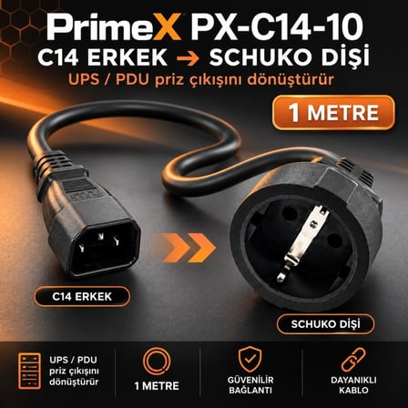 PrimeX PX-C14-10 SCHUKO, 1 Metre 3x1.5mm UPS/PSU SCHUKO Çevirici Kablo, UPS Priz Çevirici 3x1.5mm Kalın Kablo, Kısa SCHUKO Kablo (Full Bakır)