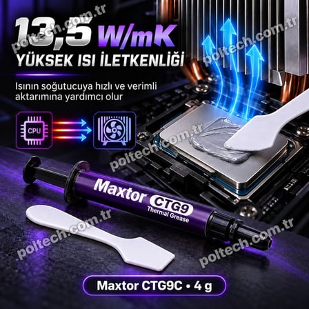 Maxtor CTG9C 4Gr 13.5 W/mK Yüksek Performanslı Termal Macun, CPU GPU İşlemci Ekran Kartı İçin, Intel AMD Ryzen NVIDIA Uyumlu Thermal Grease, Spatula ve Temizleme Mendilli