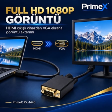 PrimeX PX-1440 1.8 Metre HDMI to VGA Görüntü Kablosu, HDMI Çıkıştan VGA Monitör Projeksiyona Dönüştürücü, PC Laptop PS5 Xbox Uyumlu, Full HD, Tek Yönlü