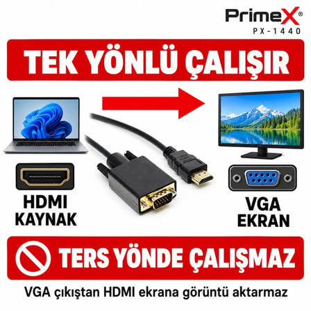 PrimeX PX-1440 1.8 Metre HDMI to VGA Görüntü Kablosu, HDMI Çıkıştan VGA Monitör Projeksiyona Dönüştürücü, PC Laptop PS5 Xbox Uyumlu, Full HD, Tek Yönlü