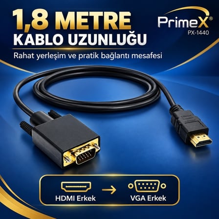 PrimeX PX-1440 1.8 Metre HDMI to VGA Görüntü Kablosu, HDMI Çıkıştan VGA Monitör Projeksiyona Dönüştürücü, PC Laptop PS5 Xbox Uyumlu, Full HD, Tek Yönlü