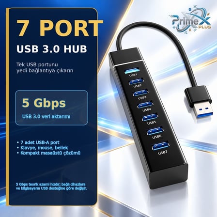 PrimeX PX-307 USB 3.0 Hub 7 Port Çoklayıcı, 25 cm Kablolu USB Çoklayıcı Hub, Laptop Masaüstü PC Uyumlu, Klavye Mouse Flash Bellek ve USB Aygıtları İçin