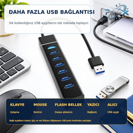 PrimeX PX-307 USB 3.0 Hub 7 Port Çoklayıcı, 25 cm Kablolu USB Çoklayıcı Hub, Laptop Masaüstü PC Uyumlu, Klavye Mouse Flash Bellek ve USB Aygıtları İçin