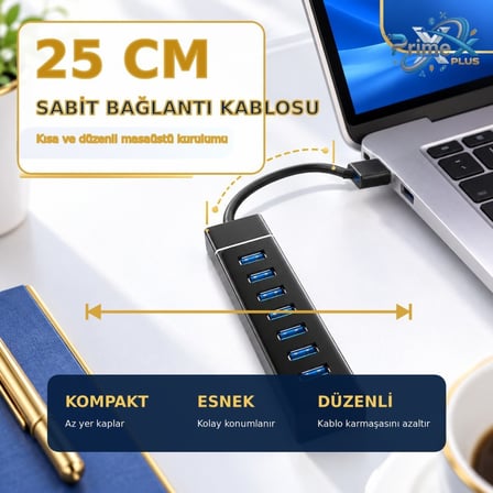 PrimeX PX-307 USB 3.0 Hub 7 Port Çoklayıcı, 25 cm Kablolu USB Çoklayıcı Hub, Laptop Masaüstü PC Uyumlu, Klavye Mouse Flash Bellek ve USB Aygıtları İçin