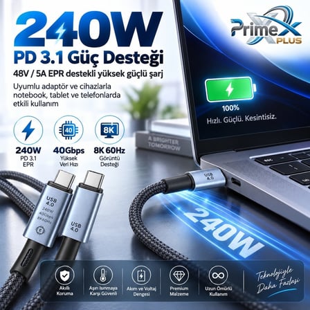 PrimeX PX-PD240W-1 USB4 Type-C to Type-C Kablo 1 Metre, 240W PD Hızlı Şarj, 40Gbps Veri Aktarımı, 8K 60Hz Görüntü, E-Marker Çip, Thunderbolt 3/4 Uyumlu USB-C Kablo