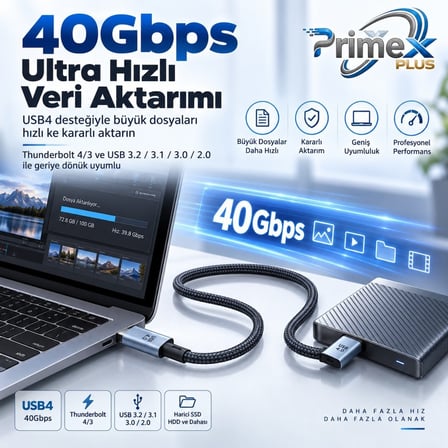 PrimeX PX-PD240W-2 USB4 Type-C to Type-C Kablo 2 Metre, 240W PD Hızlı Şarj, 40Gbps Veri Aktarımı, 8K 60Hz Görüntü, E-Marker Çip, Thunderbolt 3/4 Uyumlu USB-C Kablo