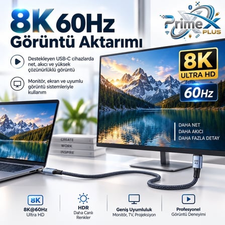 PrimeX PX-PD240W-2 USB4 Type-C to Type-C Kablo 2 Metre, 240W PD Hızlı Şarj, 40Gbps Veri Aktarımı, 8K 60Hz Görüntü, E-Marker Çip, Thunderbolt 3/4 Uyumlu USB-C Kablo