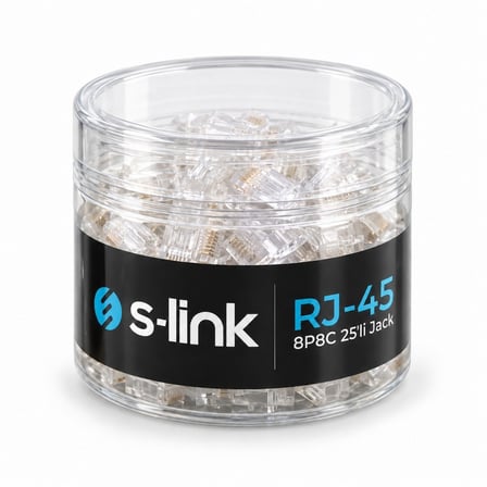 S-Link SLX-990 CAT5/CAT6 RJ45 Konnektör 25'li Paket, 8P8C Ethernet Ağ Kablosu Ucu, Şeffaf Modüler Jack, Krimp Pense ile Takılabilir Network Fişi