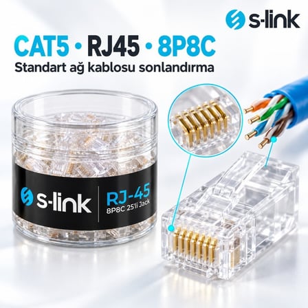 S-Link SLX-990 CAT5/CAT6 RJ45 Konnektör 25'li Paket, 8P8C Ethernet Ağ Kablosu Ucu, Şeffaf Modüler Jack, Krimp Pense ile Takılabilir Network Fişi