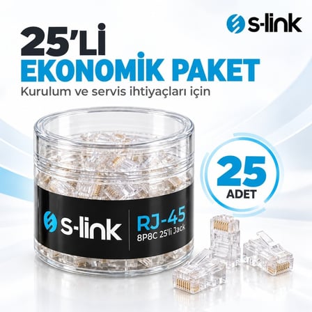 S-Link SLX-990 CAT5/CAT6 RJ45 Konnektör 25'li Paket, 8P8C Ethernet Ağ Kablosu Ucu, Şeffaf Modüler Jack, Krimp Pense ile Takılabilir Network Fişi