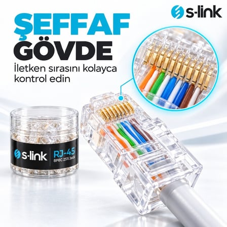 S-Link SLX-990 CAT5/CAT6 RJ45 Konnektör 25'li Paket, 8P8C Ethernet Ağ Kablosu Ucu, Şeffaf Modüler Jack, Krimp Pense ile Takılabilir Network Fişi