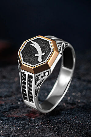 Erkek Gümüş Yüzük - Çift Zirkon Taşlı Zülfikar Kılıcı Model 2 Erkek Yüzük