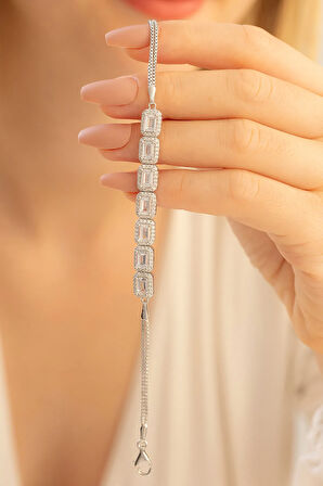 Kadın Gümüş Bileklik - 7 Baget Taşlı Kalın Model Gümüş Bileklik