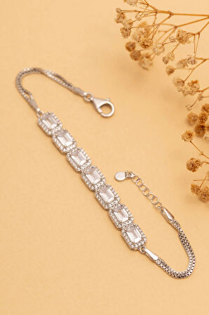 Kadın Gümüş Bileklik - 7 Baget Taşlı Kalın Model Gümüş Bileklik