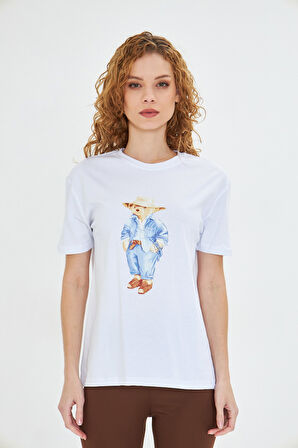 Kadın Teddy Ayıcık Baskılı %100 Pamuk Oversize Kadın Tişört