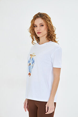 Kadın Teddy Ayıcık Baskılı %100 Pamuk Oversize Kadın Tişört