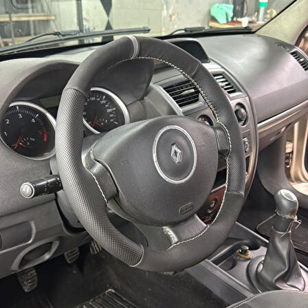 DİKİŞLİ DİREKSİYON KILIFI NUBUK NOKTALI DERİ GRİ YÜZÜK GRİ DİKİŞLİ MEGANE 2 İÇİN