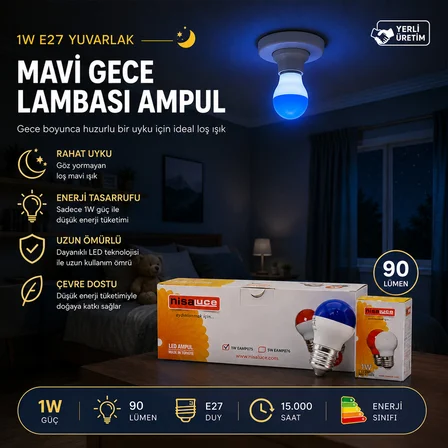 10 ADET 1W E27 MAVİ YUVARLAK GECE LAMBASI LED AMPUL EAMP-075 (3126)