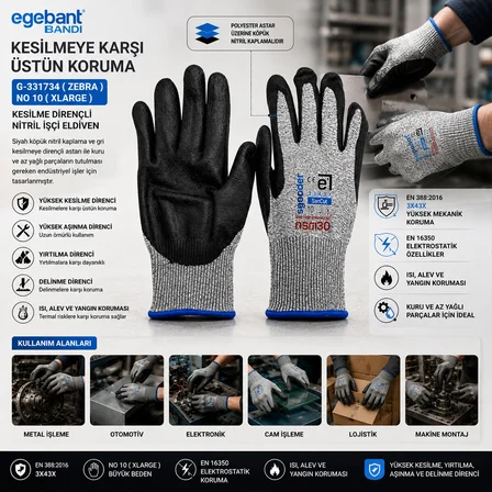 10 ADET ZEBRA NO 10 XLARGE KESİLME DİRENÇLİ NİTRİL İŞÇİ ELDİVEN BANDI (3126)